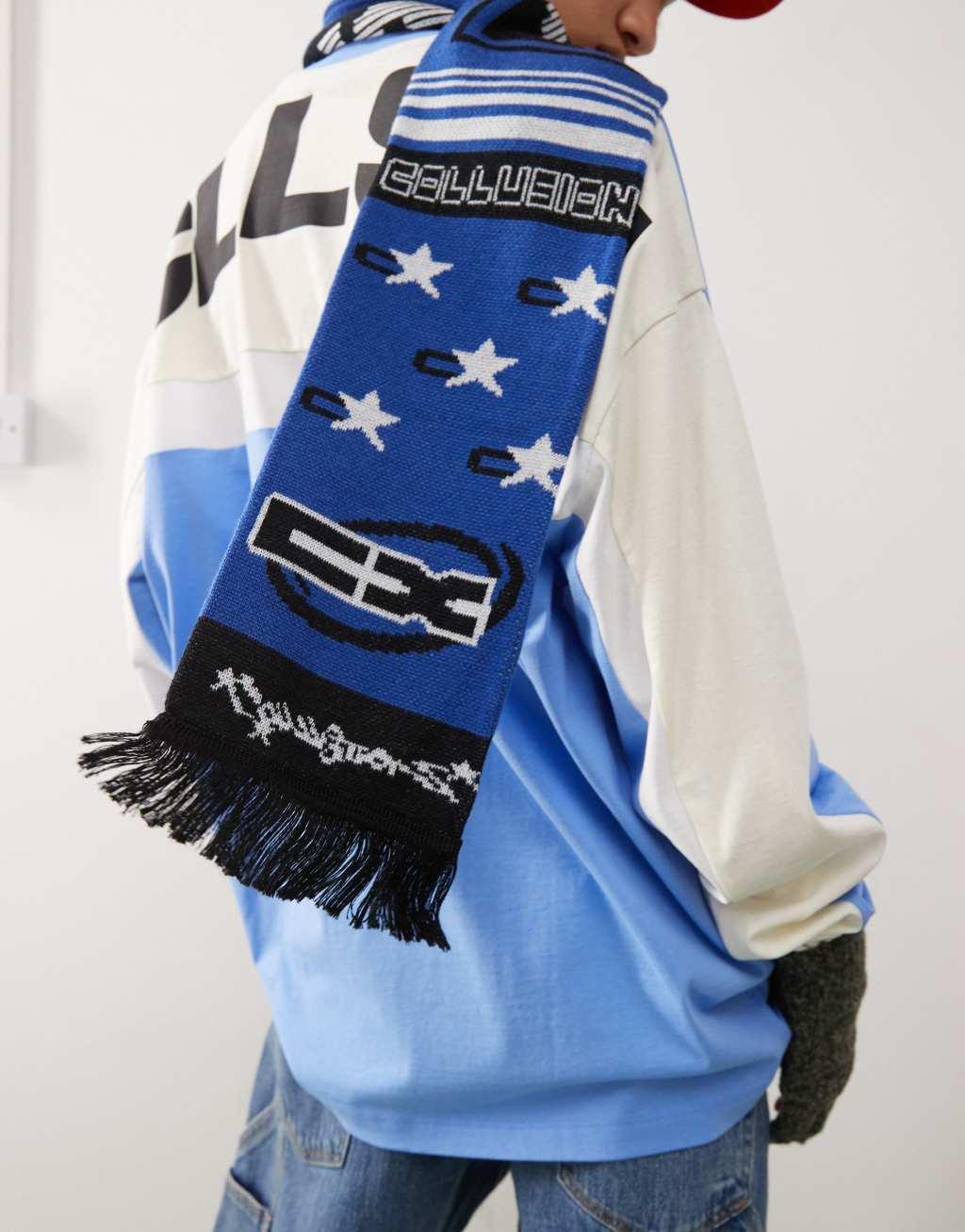 COLLUSION knit varsity logo scarf with tassels in blue Product Image