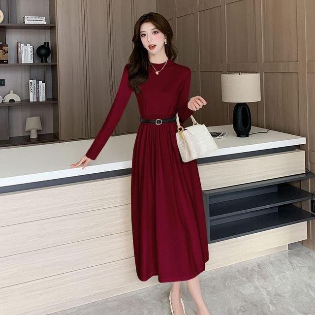 Long-Sleeve Mock Neck Cutout Plain Midi A-Line Dress Product Image