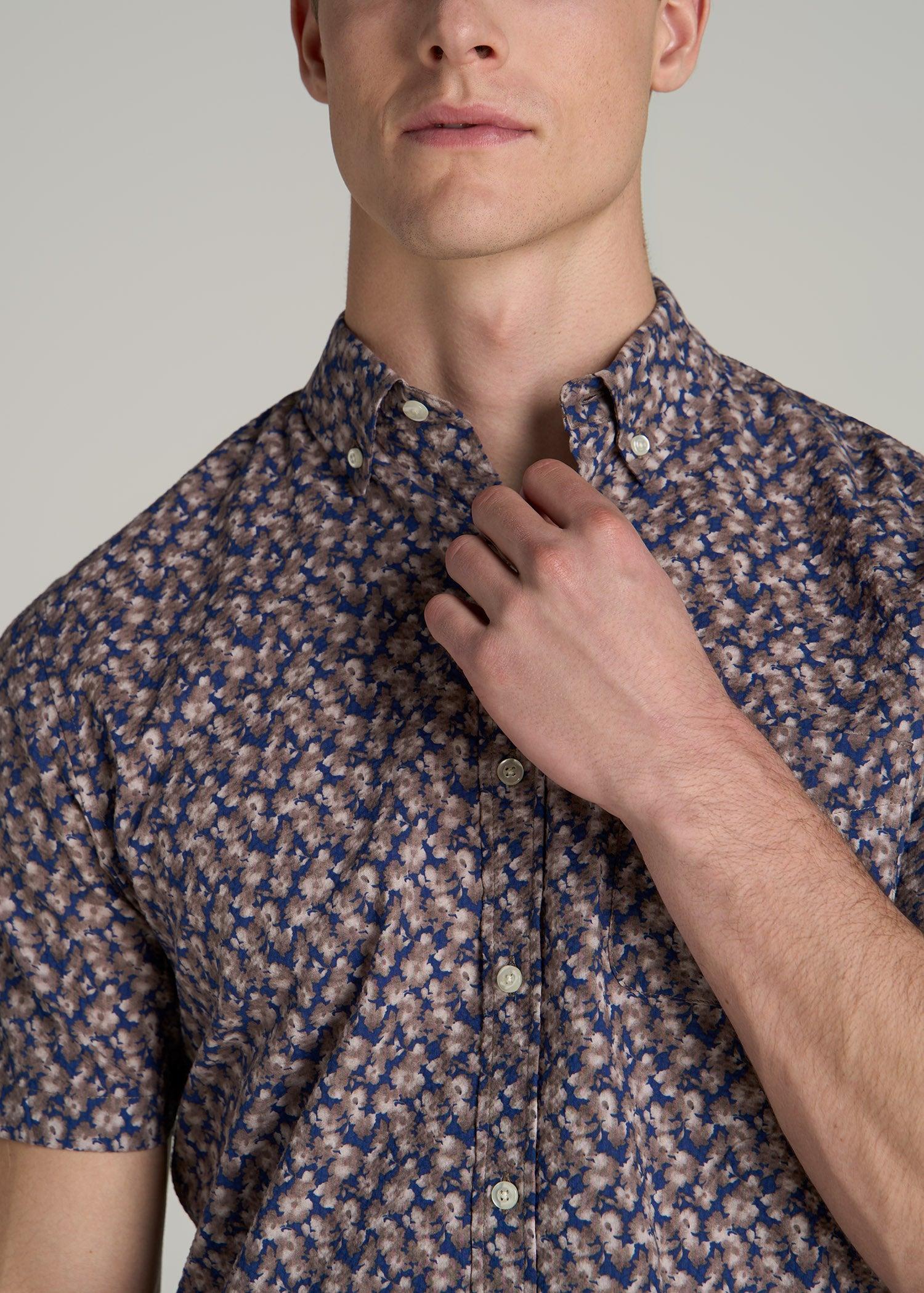 Seersucker Tall Men's Short Sleeve Shirt in Beige & Indigo Blossom Print Product Image