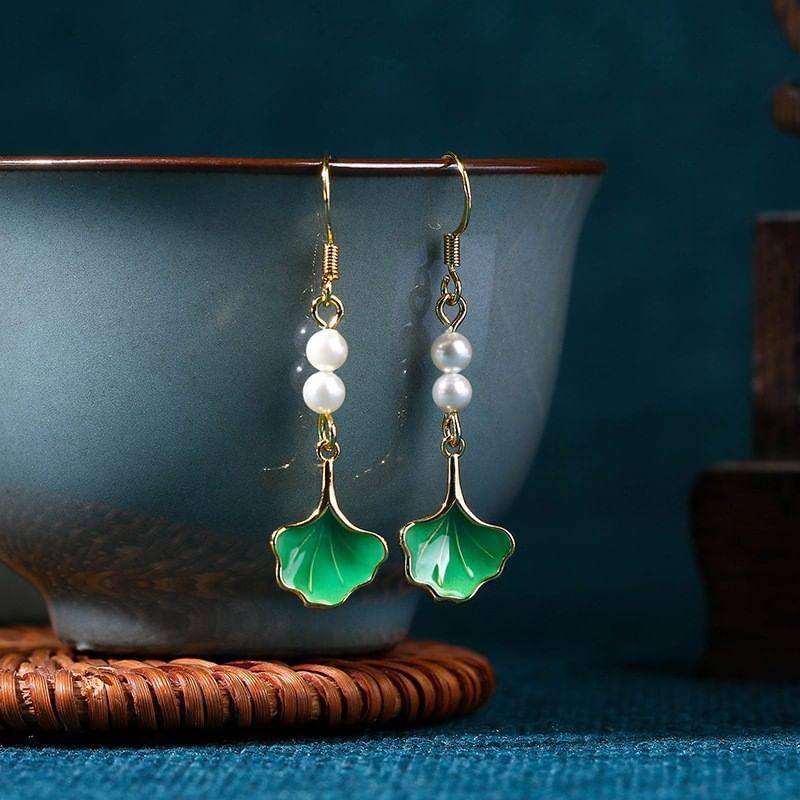 Leaf Faux Pearl Alloy Dangle Earring Product Image