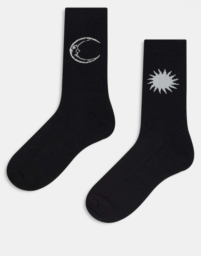 ASOS DESIGN 2-pack socks with sun and moon embroidery in black Product Image