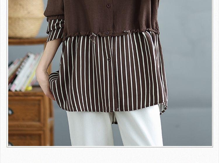 Long-Sleeve Striped Panel Drawstring Waist Button-Up Tunic Shirt Product Image