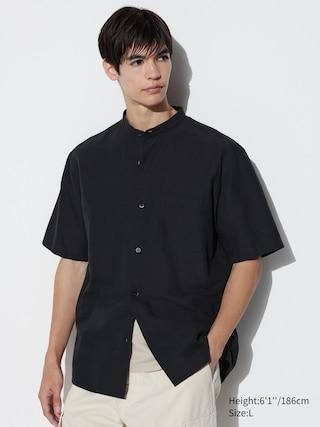 Mens Cotton Linen Stand Collar Short-Sleeve Shirt Black XS UNIQLO US Product Image