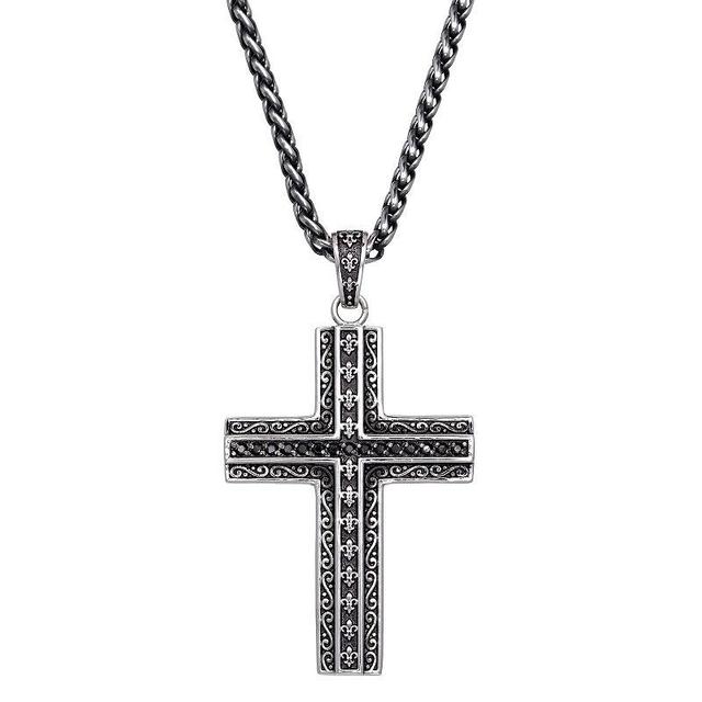 Mens LYNX Two-Tone Black Plated Stainless Steel Black Cubic Zirconia Cross Pendant Necklace Product Image