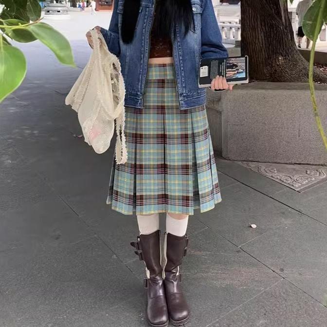 High Rise Plaid Pleated Midi A-Line Skirt Product Image