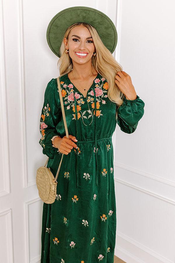 Whispering Sweet Nothings Embroidered Maxi In Hunter Green Product Image