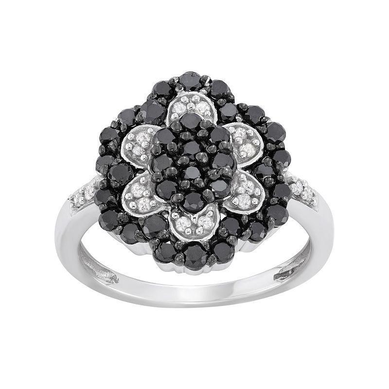 Jewelexcess 1 Carat T.W. Black and White Diamond Sterling Silver Flower Ring, Womens Product Image