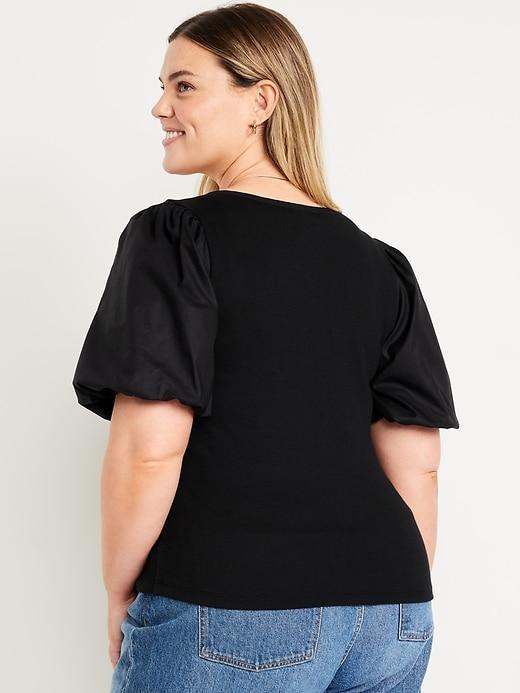 Puff-Sleeve Mixed Fabric Top Product Image