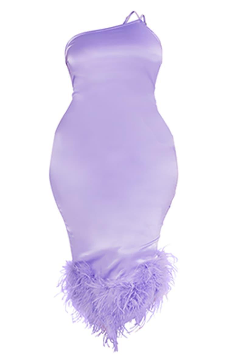  Plus Lilac Satin Feather Trim One Shoulder Midi Dress Product Image