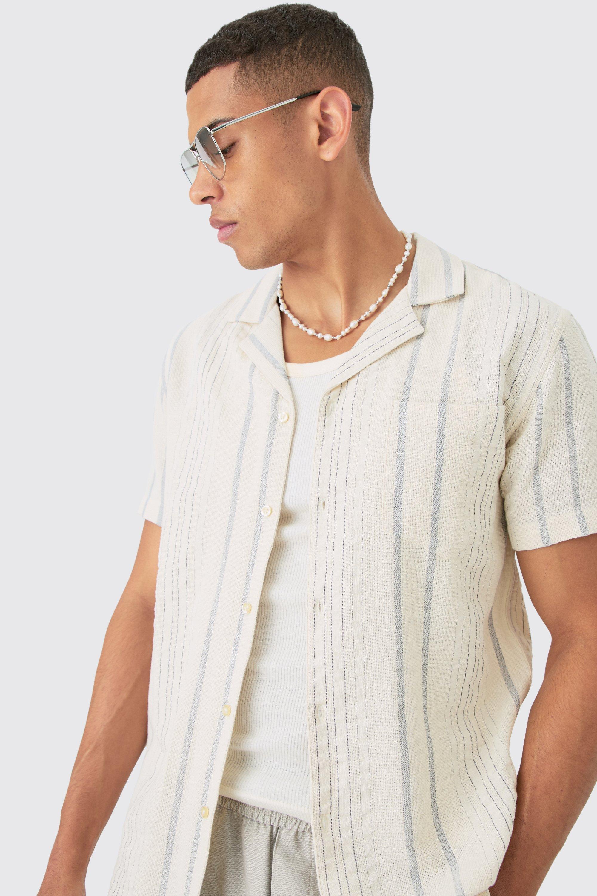 Short Sleeve Textured Multi Stripe Pocket Shirt | boohooMAN USA Product Image