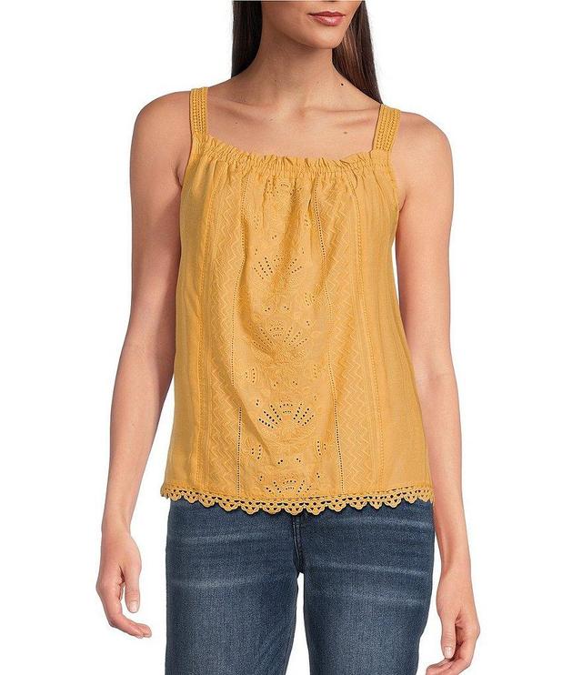 Democracy Embroidered Ruched Square Neck Sleeveless Scallop Hem Tank Top Product Image