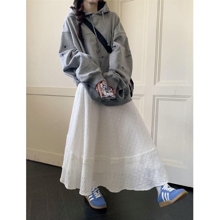 Cartoon Print Hoodie / High Waist Plaid Midi A-Line Skirt Product Image