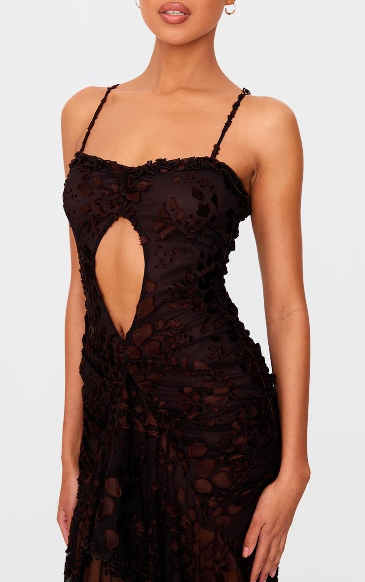 Brown Devore Cut Out Frill Detail Dress Product Image