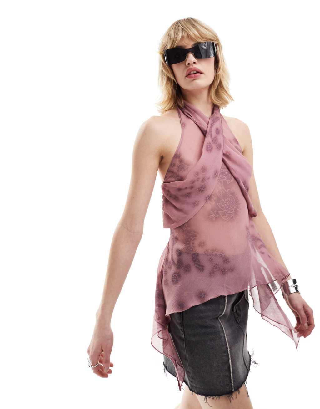 COLLUSION sheer high neck halter top in pink abstract print Product Image