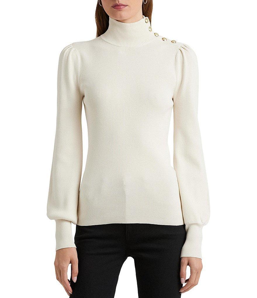 Lauren Ralph Lauren Button Trim Mock Neck Long Puffed Sleeve Sweater Product Image