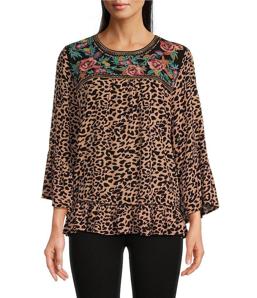 Calessa Embroidered Mini Animal Print Crew Neckline Short Sleeve Top Product Image