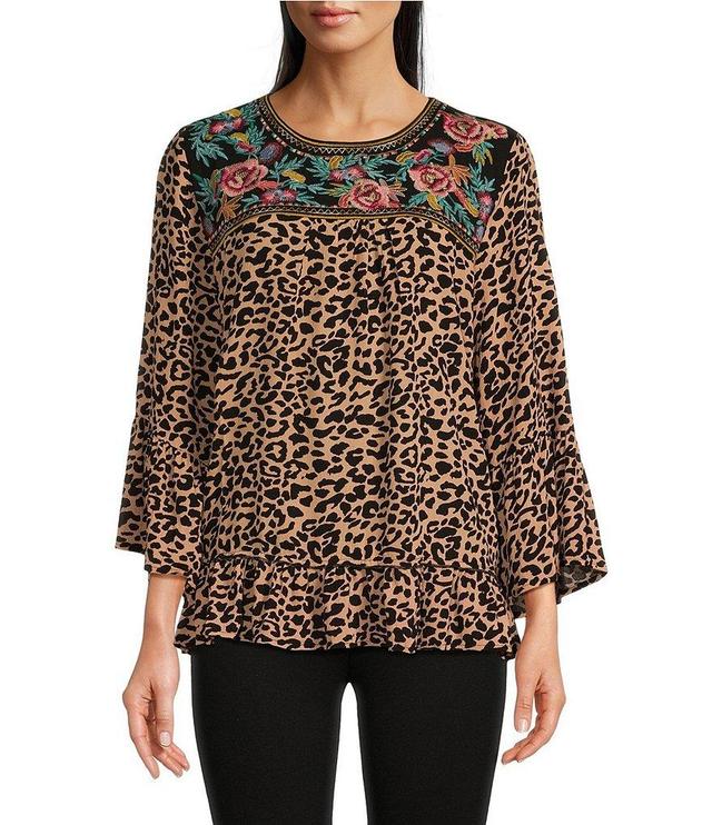 Calessa Embroidered Mini Animal Print Crew Neckline Short Sleeve Top Product Image