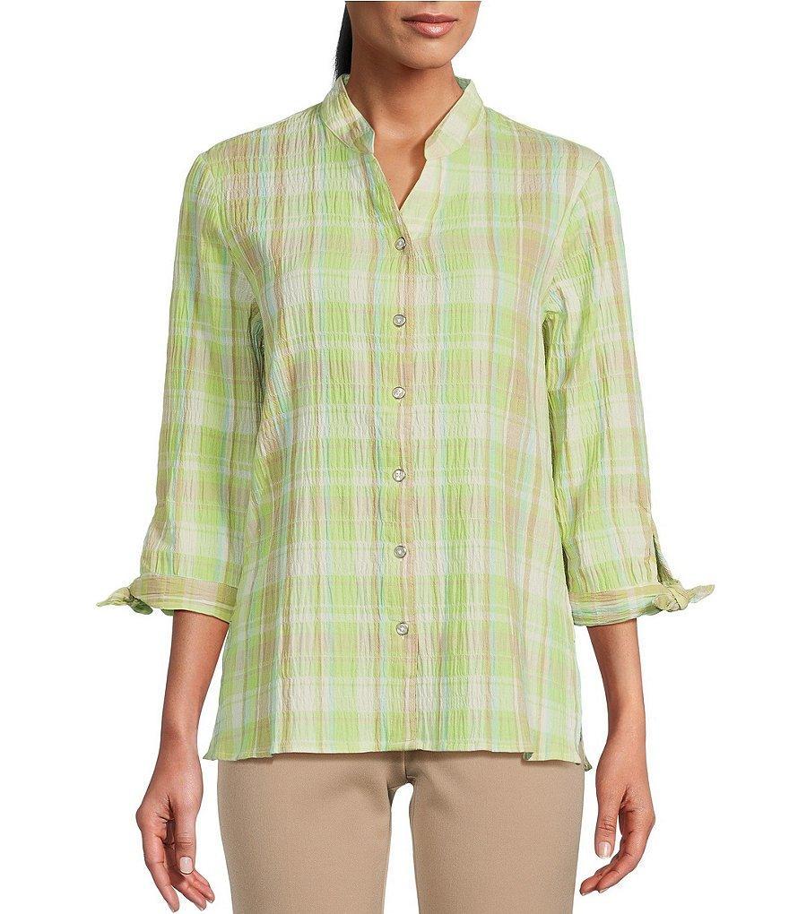 Allison Daley Crinkle Plaid 3/4 Tie Sleeve Y-Neck Button Front Top Product Image