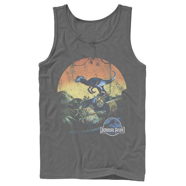 Mens Jurassic World Retro Raptor Sunset in Jungle Tank Top Grey Product Image