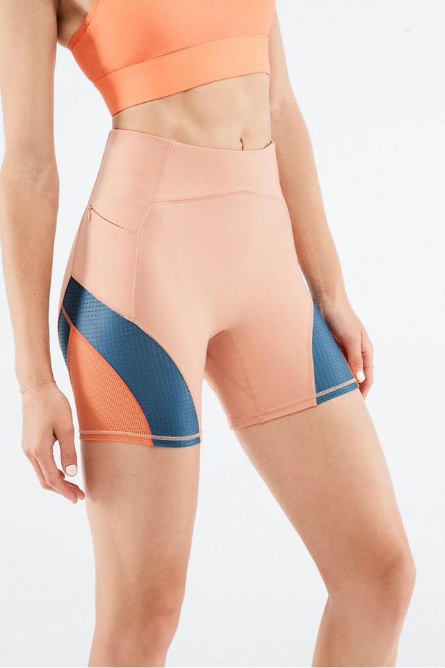 Fabletics High-Waisted Motion365 Run Short 6 Womens Birchwood/Real Teal/Orange Burst plus Size 4X Product Image