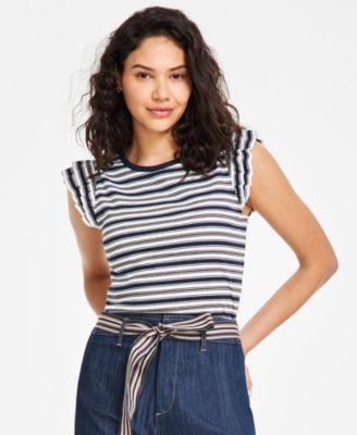 Women's Striped Ruffled-Sleeve Tee Product Image