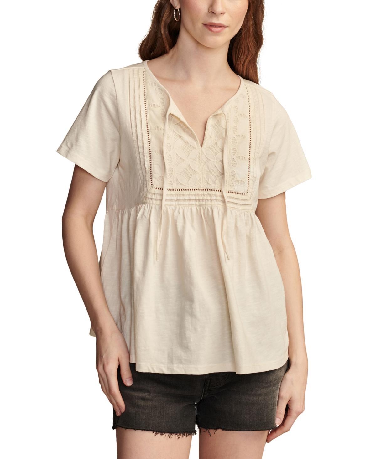 Lucky Brand Womens Cotton Embroidered Babydoll Tie-Neck Top Product Image