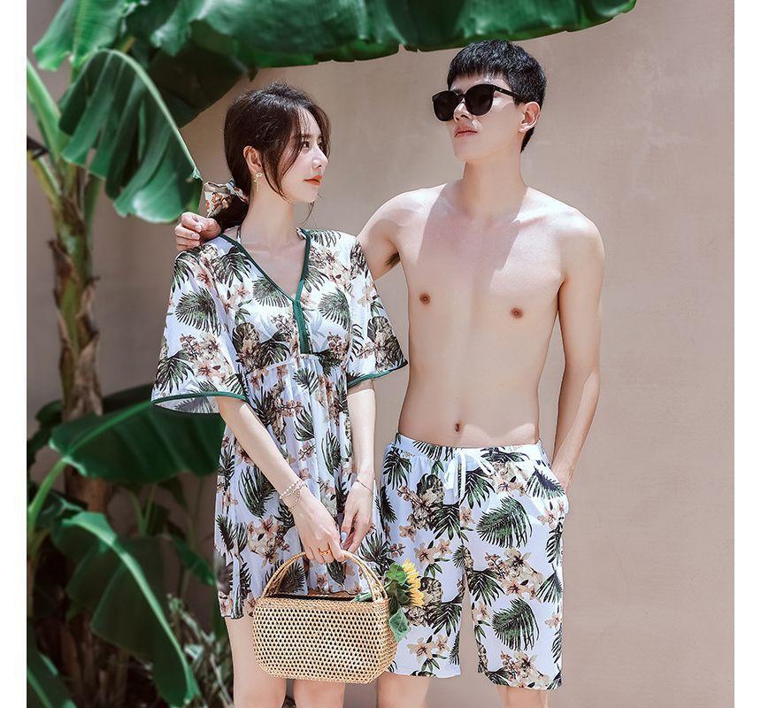 Couple Matching Leaf Print Swim Trunks / Short-Sleeve Swim Dress Product Image