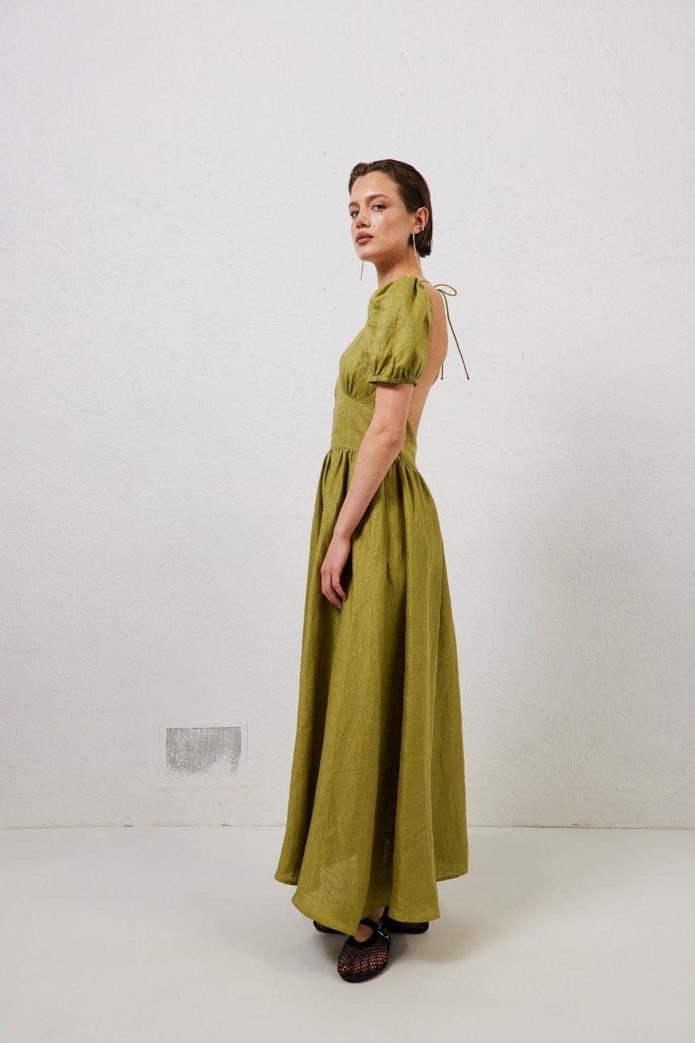 Paradiso Linen Midi Dress Olive Product Image