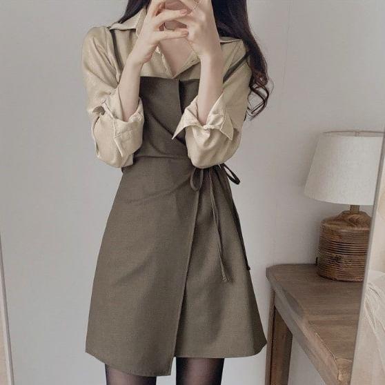 Long-Sleeve Plain Shirt / Spaghetti Strap Asymmetrical Mini A-Line Dress Product Image