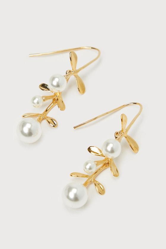 Adored Essence Gold Pearl Leaf Earrings Product Image