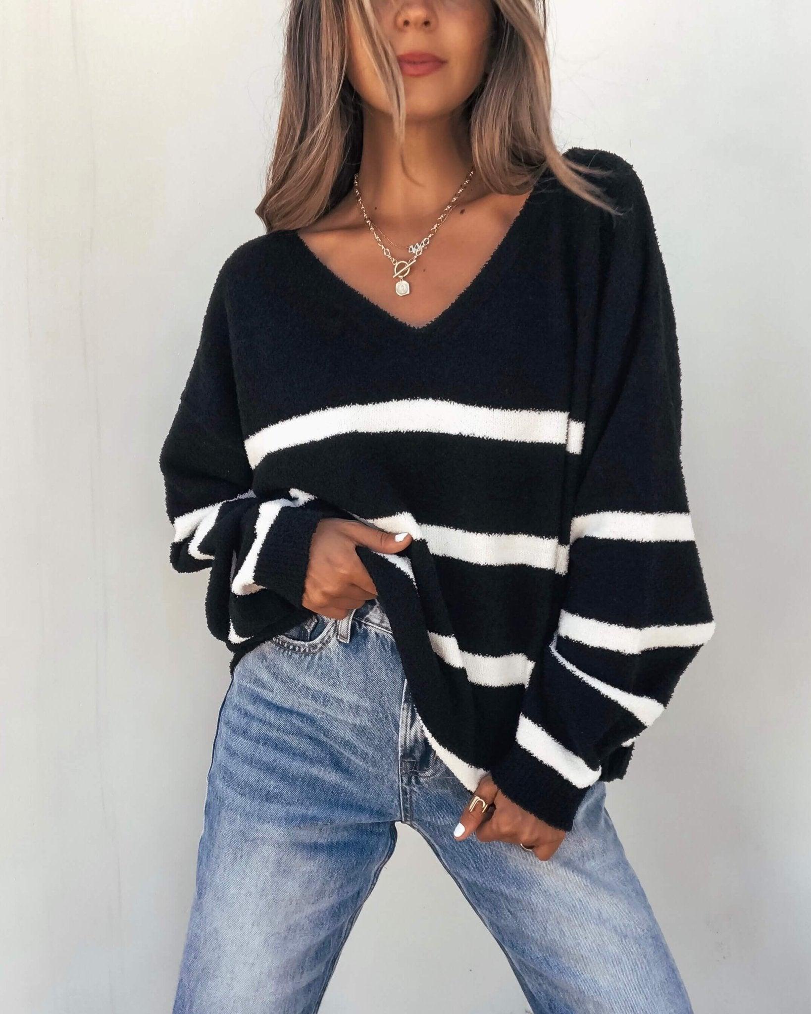 Black and White Striped V Neck Sweater Product Image