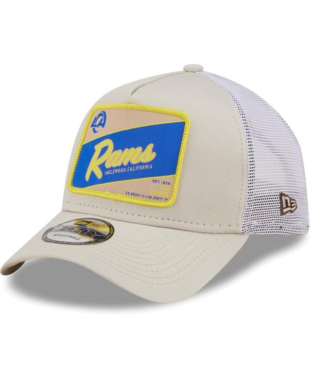 Mens New Era Khaki Distressed Los Angeles Rams Happy Camper A-Frame Trucker 9FORTY Snapback Hat - Khaki Product Image