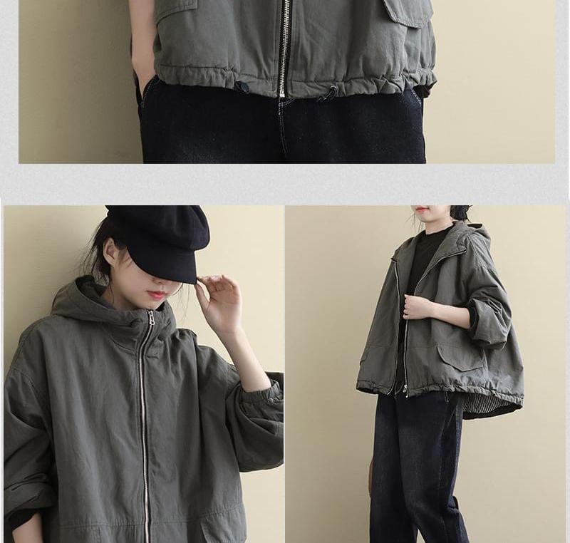 Stand Collar Plain Hood Zip Puffer Jacket Product Image