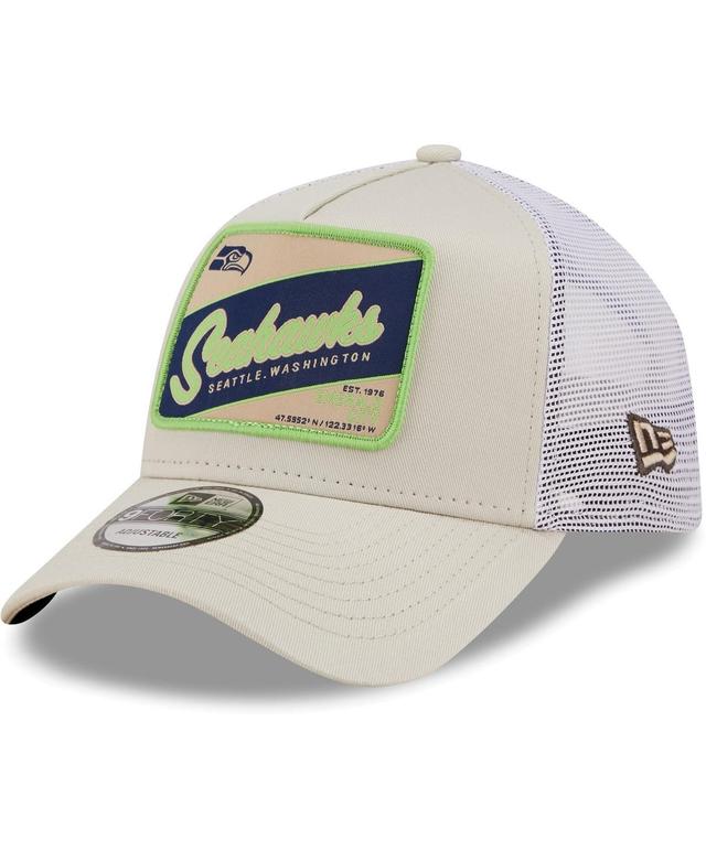 Men's New Era Khaki/White Seattle Seahawks Happy Camper A-Frame Trucker 9FORTY Snapback Hat Product Image