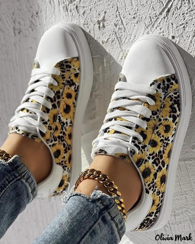 Olivia Mark – Lace-up Sneakers with Elegant Leopard and Sunflower Design Product Image