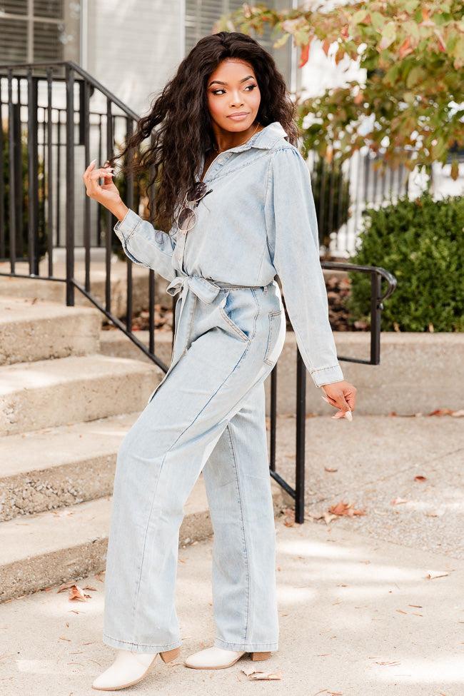 One More Time Long Sleeve Belted Denim Button Up Jumpsuit FINAL SALE Product Image