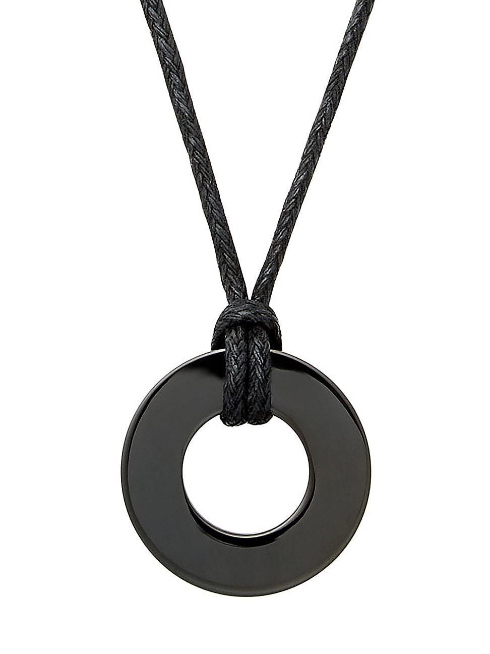 Mens Black Stainless Steel Cord Circle Pendant Necklace Product Image