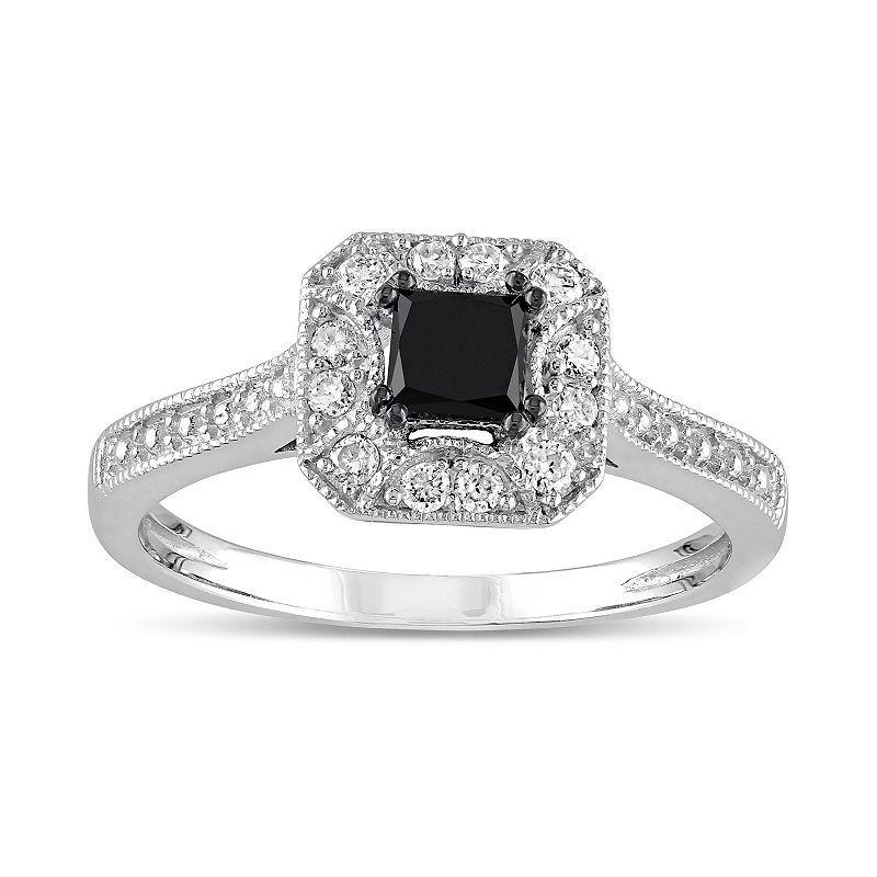 Lovemark 10k White Gold 1/2 Carat T.W. Black & White Diamond Halo Engagement Ring, Womens Product Image