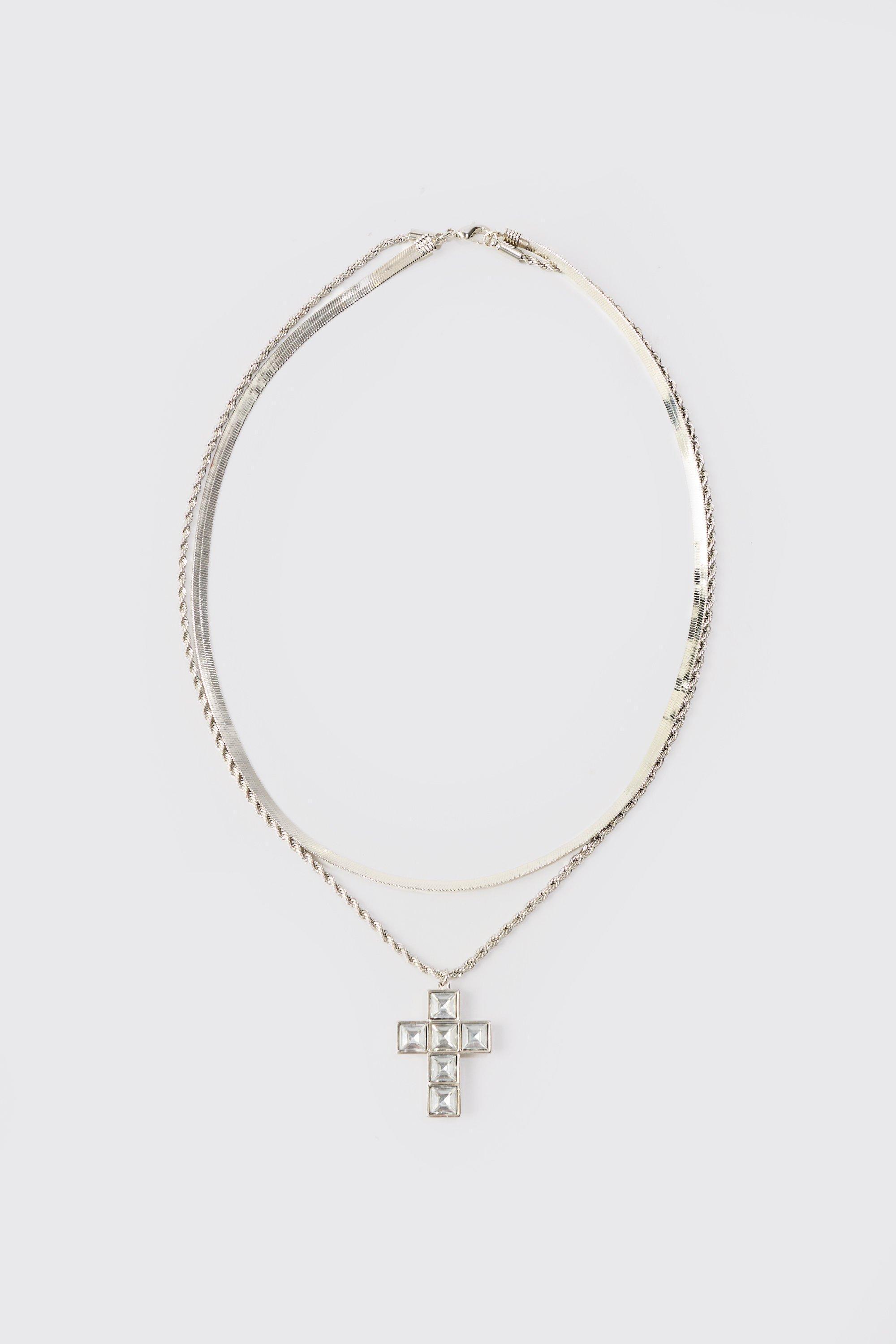 Iced Cross Pendant Double Chain Necklace In Silver | boohooMAN USA Product Image