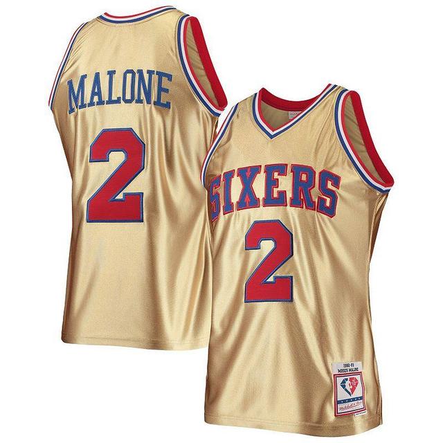 Mens Mitchell & Ness Moses Malone Gold Philadelphia 76ers 75th Anniversary 1982-83 Hardwood Classics Swingman Jersey Product Image