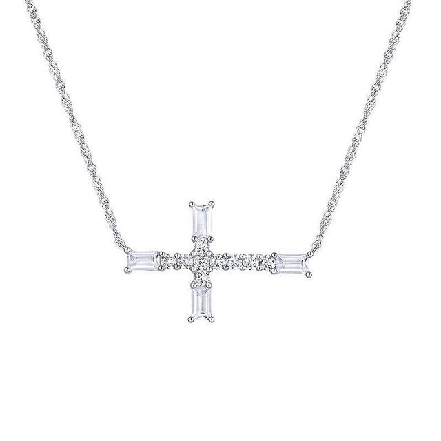 Eco Silver Luxe Sterling Silver Baguette & Round-Cut Cubic Zirconia Sideways Cross Necklace, Womens Product Image