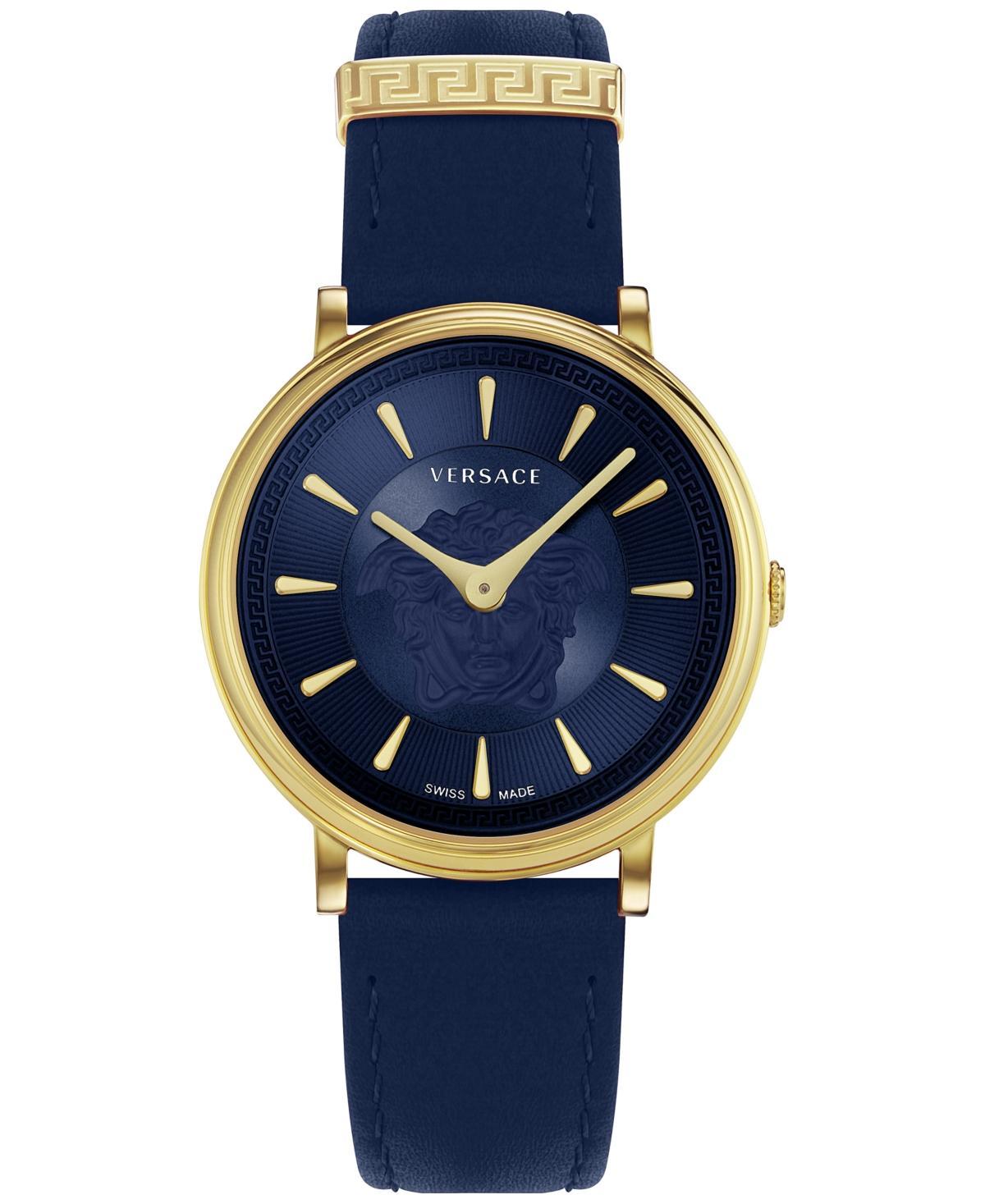 Versace Womens Swiss V-Circle Blue Leather Strap Watch 38mm - Ip Yellow Gold Product Image