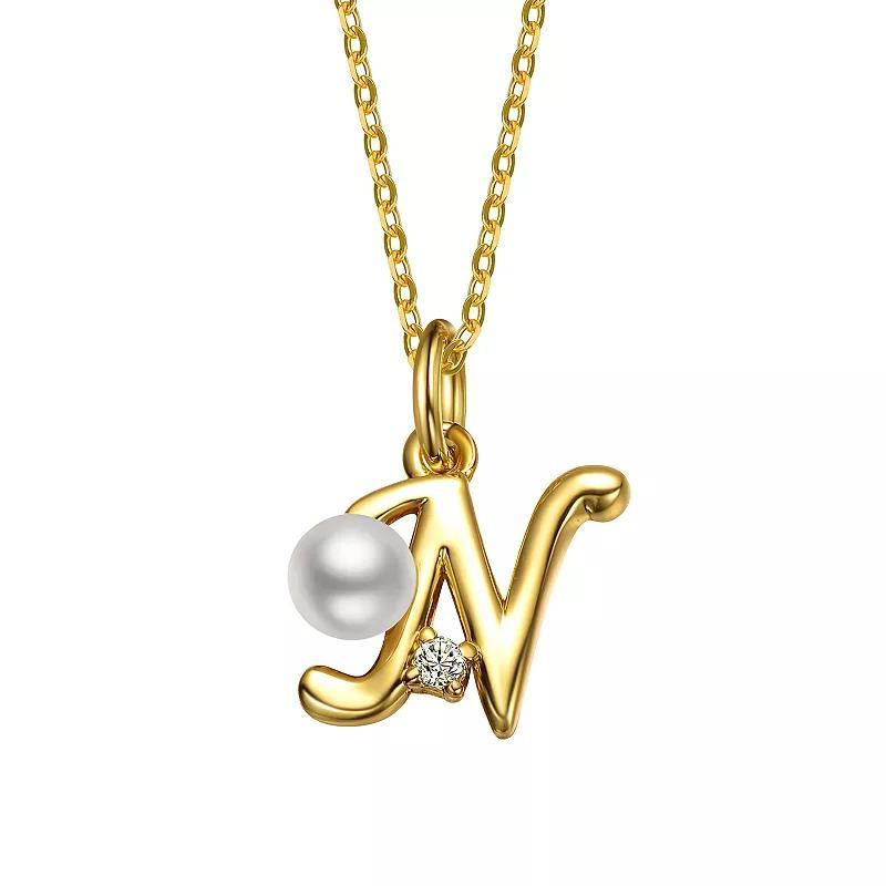 14k Gold Plated Simulated Pearl Initial Pendant Necklace, Womens Yellow Product Image