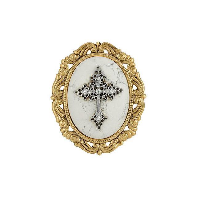 Symbols Of Faith Gold Tone Crystal Cameo Cross Brooch, Womens, White Product Image