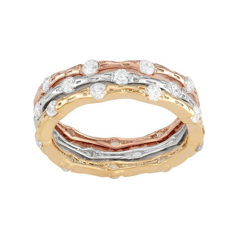 Cubic Zirconia Tri-Tone Sterling Silver Textured Stack Ring Set, Womens Multicolor Product Image