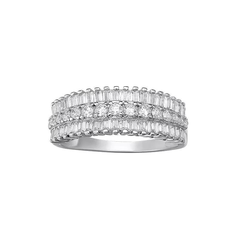 PRIMROSE Fine Silver Plated Triple Row Baguette & Round Cubic Zirconia Polished Band Ring, Womens Silvertone White Product Image