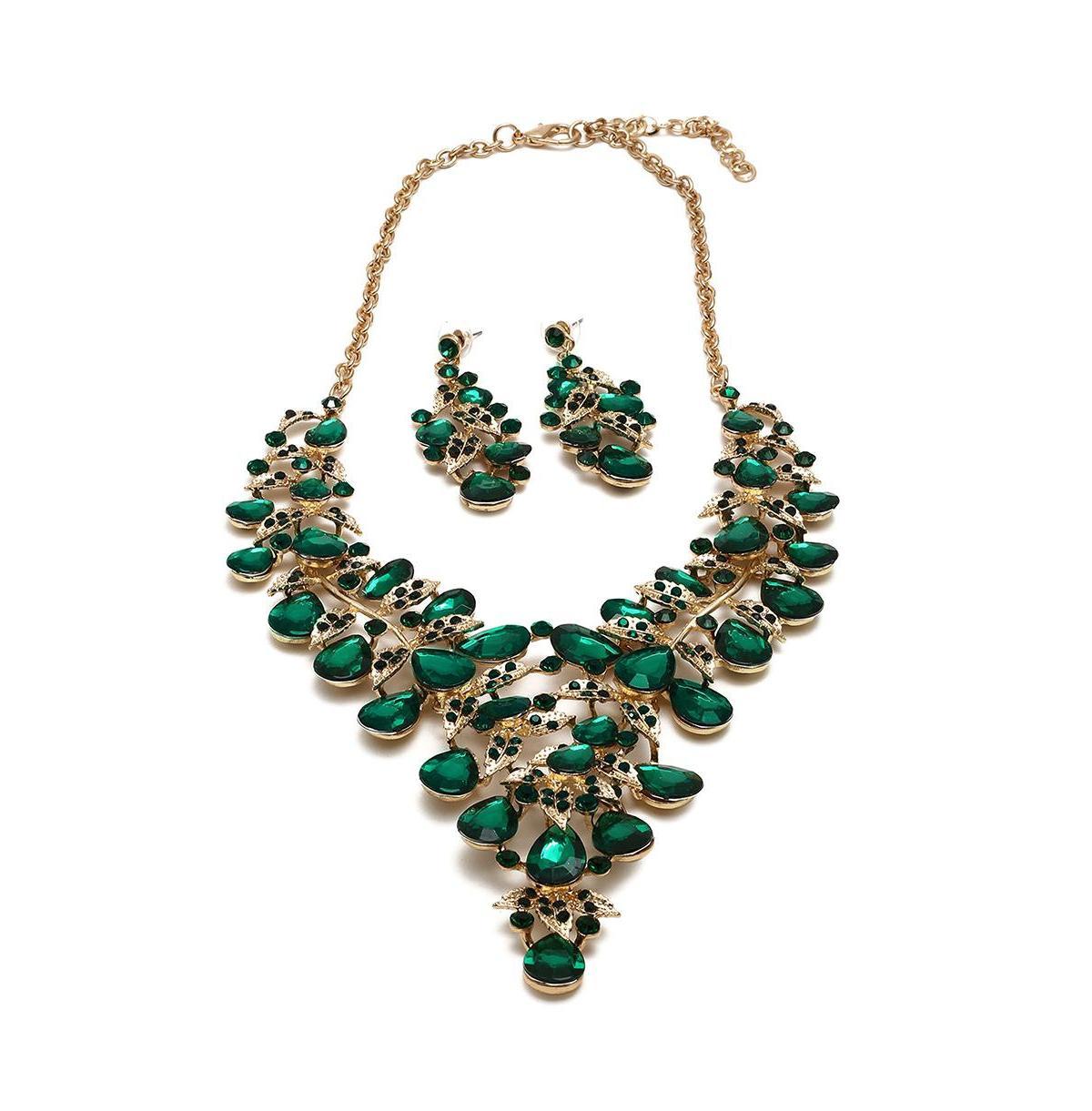 Sohi Womens Green Maxi Stone Necklace And Earrings (Set Of 2) Product Image