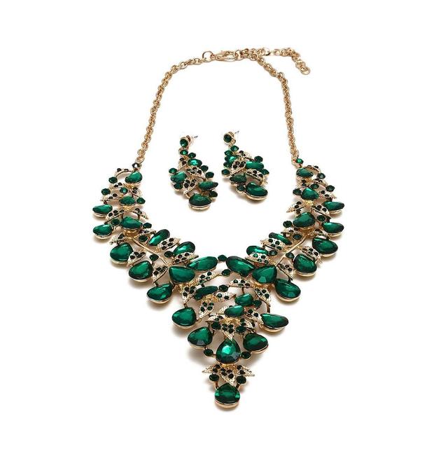 Sohi Womens Green Maxi Stone Necklace And Earrings (Set Of 2) Product Image