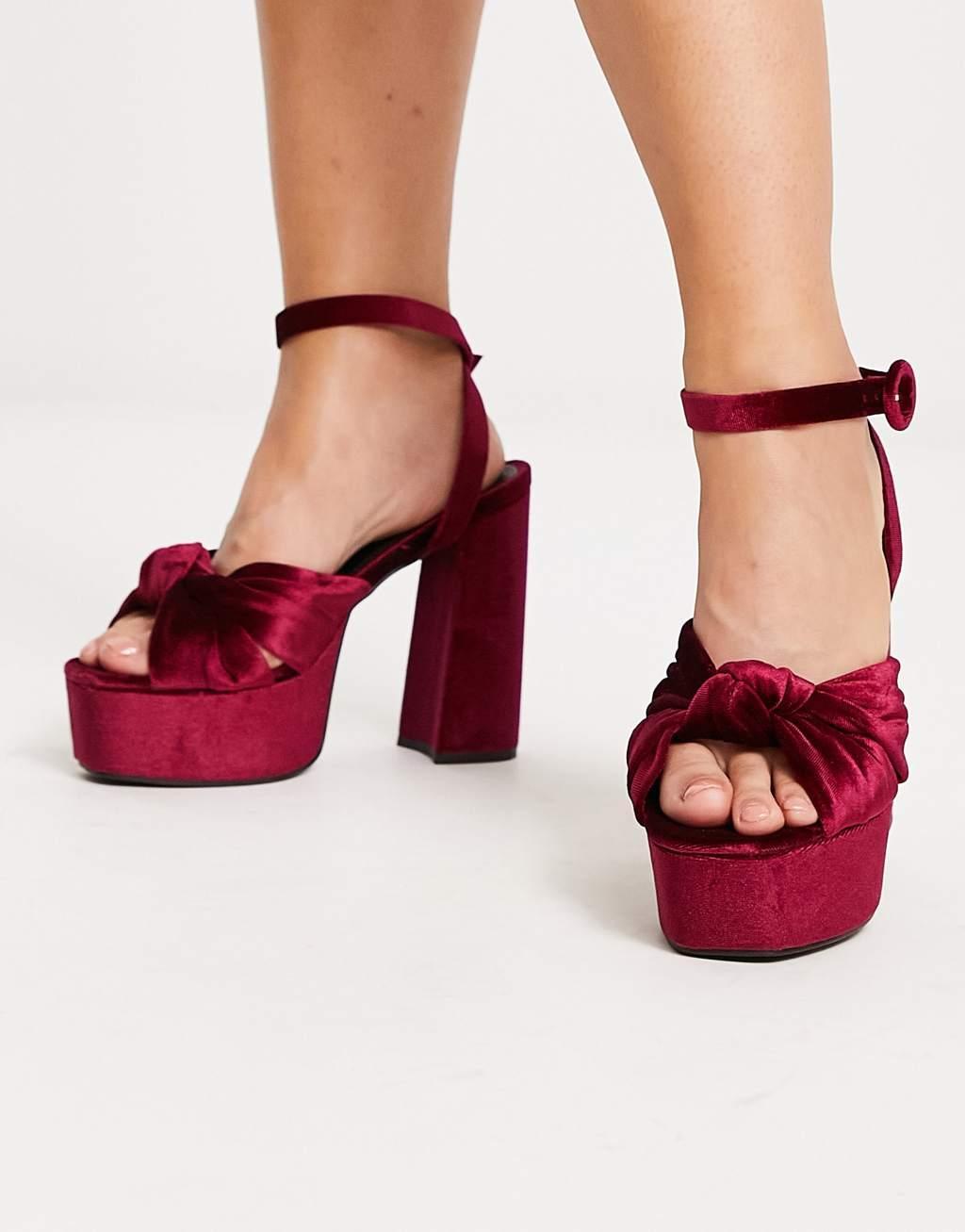 ASOS DESIGN Wide Fit Natia knotted platform heeled sandals in burgundy Product Image