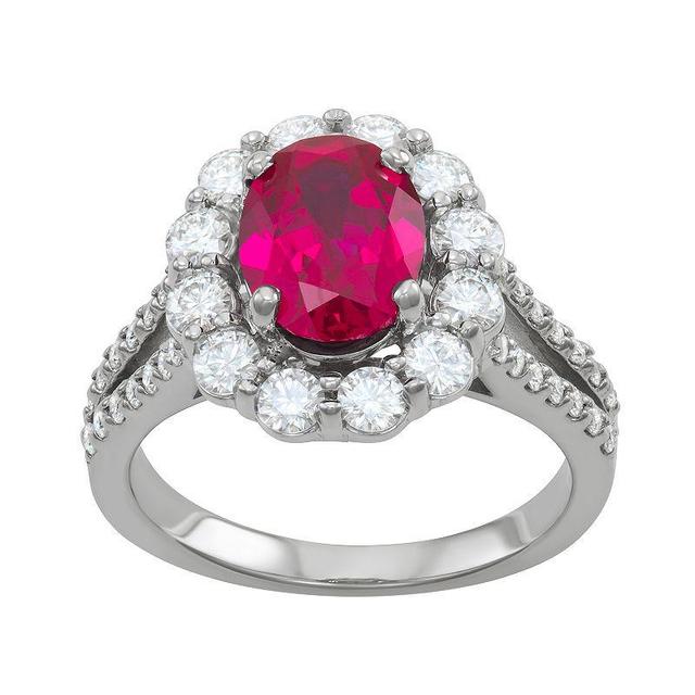 Charles & Colvard 14k White Gold Lab-Created Ruby & 3 1/5 Carat T.W. Lab-Created Moissanite Halo Ring, Womens Product Image